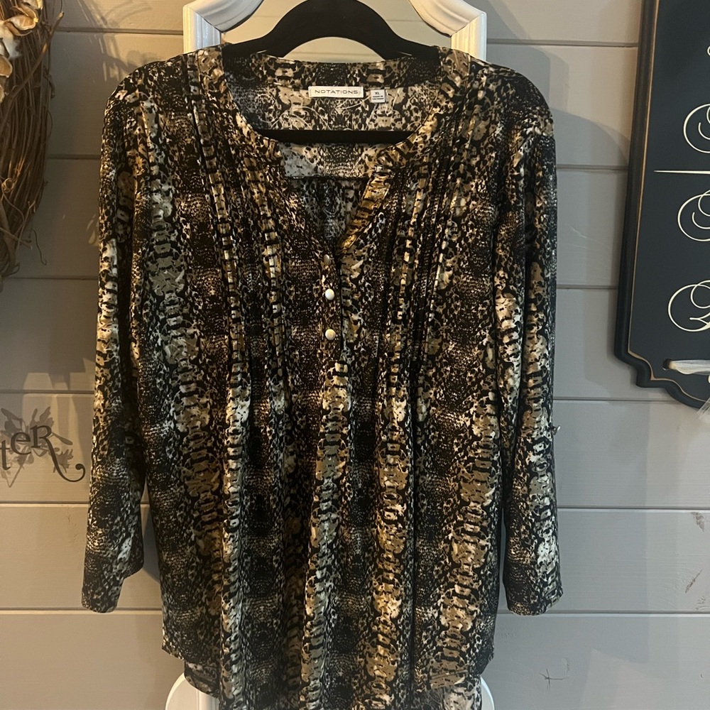 Notations Black and Tan Patterned Blouse